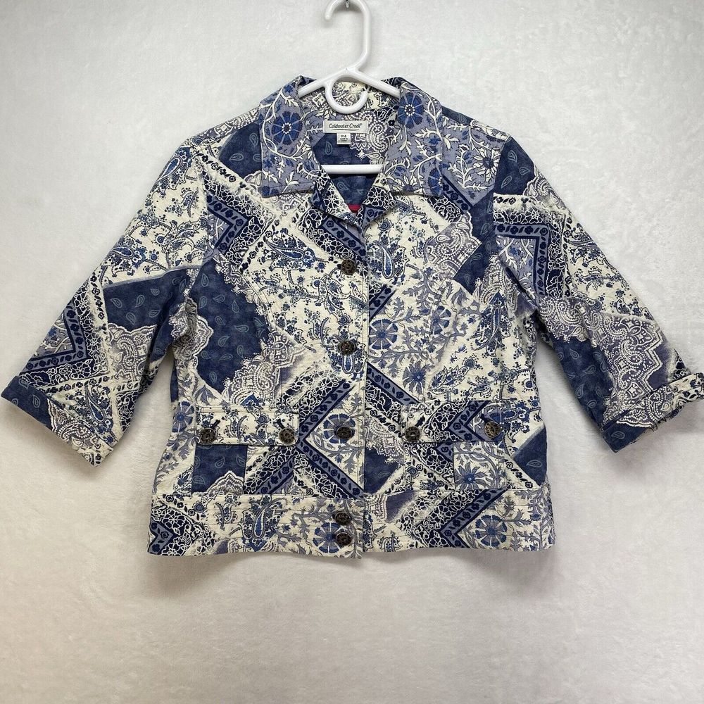 Coldwater Creek Jacket Womens P14 blue & white button up paisley geometric print